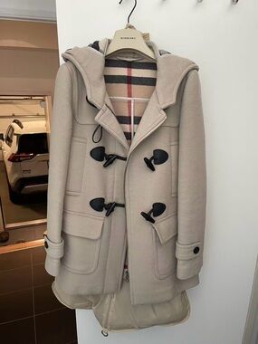Burberry Beige Wool Duffle Coat with Signature Check Lining